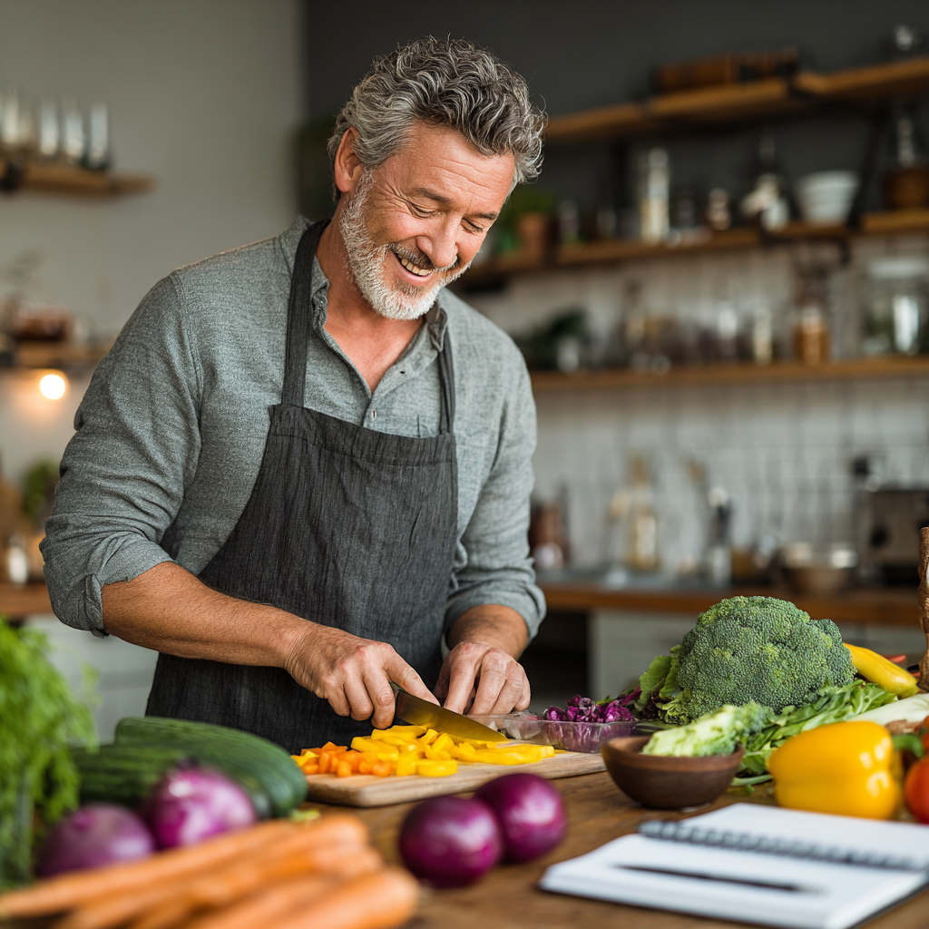 Professional middle-aged man around 45 years old with graying hair preparing a healthy meal in a modern kitchen, chopping colorful vegetables with a smile, surrounded by fresh ingredients and nutrition planning materials