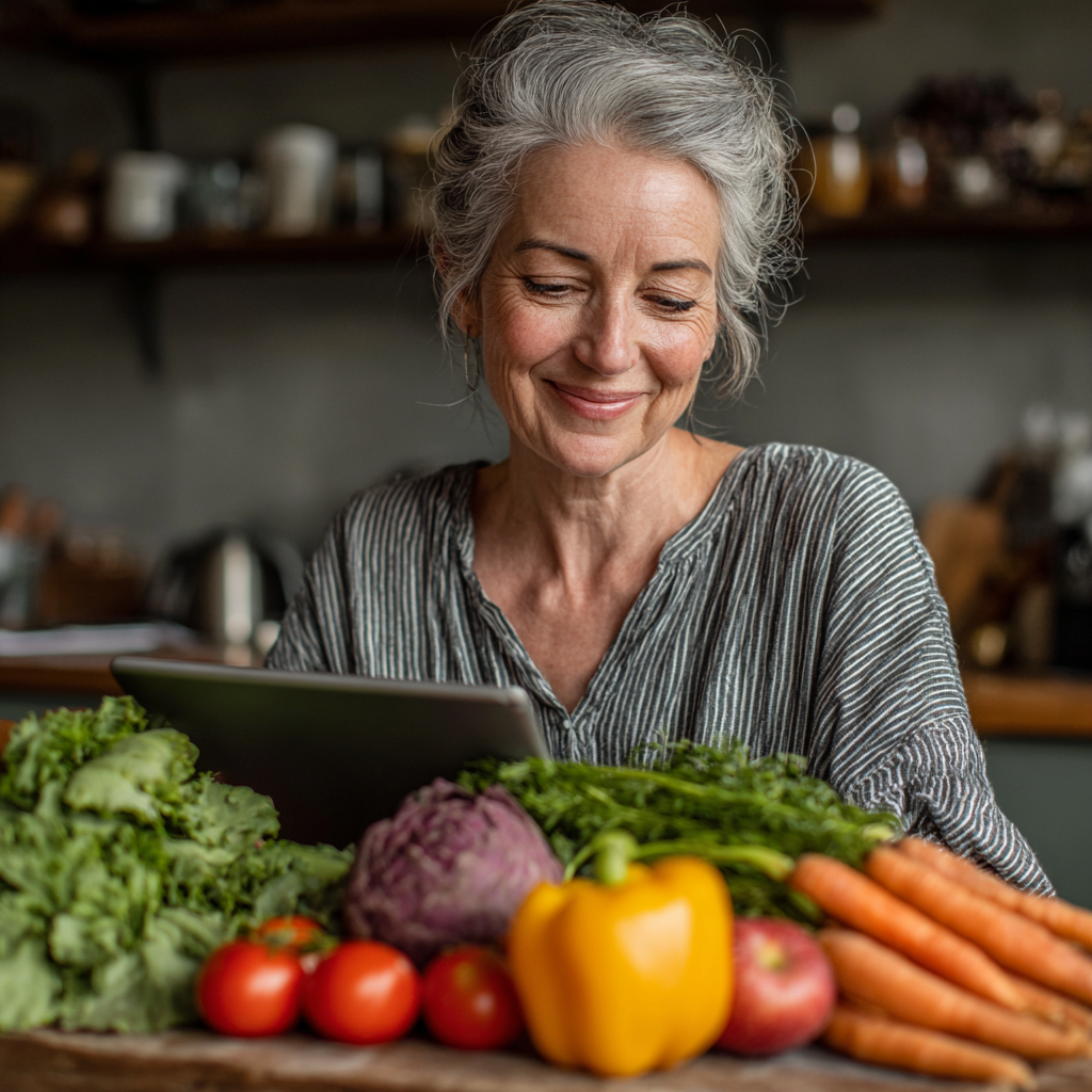Smiling middle-aged woman in her 50s with gray hair sitting at a kitchen table with fresh vegetables and fruits, looking satisfied and healthy while reviewing a nutrition plan on a tablet